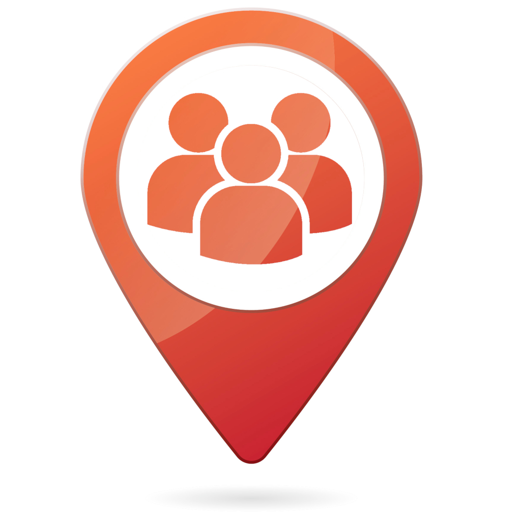 Sooshl-Logo: orange-roter Standortmarker mit drei Menschen